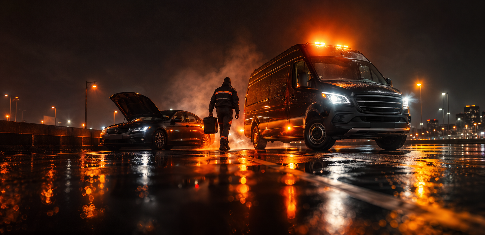 Clutch Mobile Rescue response vehicle arriving for roadside assistance at night